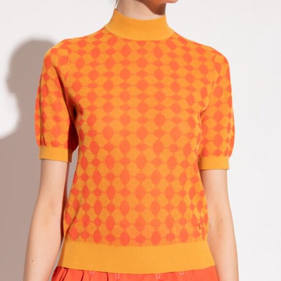 Jacquard Knit Mock-Neck Sweater Bright Bitter Orange Poppy NWT Mod Retro Vibe - Picture 1 of 8